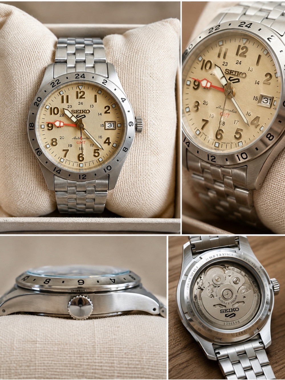 Seiko Men's Automatic GMT Watch in Cream and Silver with Red Accent